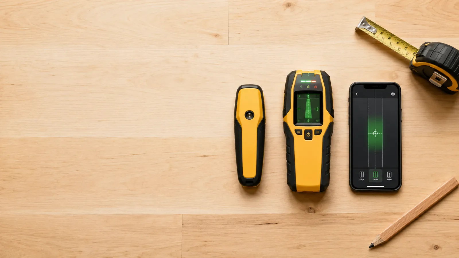 Several types of stud finder laid out on a workbench next to a smartphone running a stud finder app
