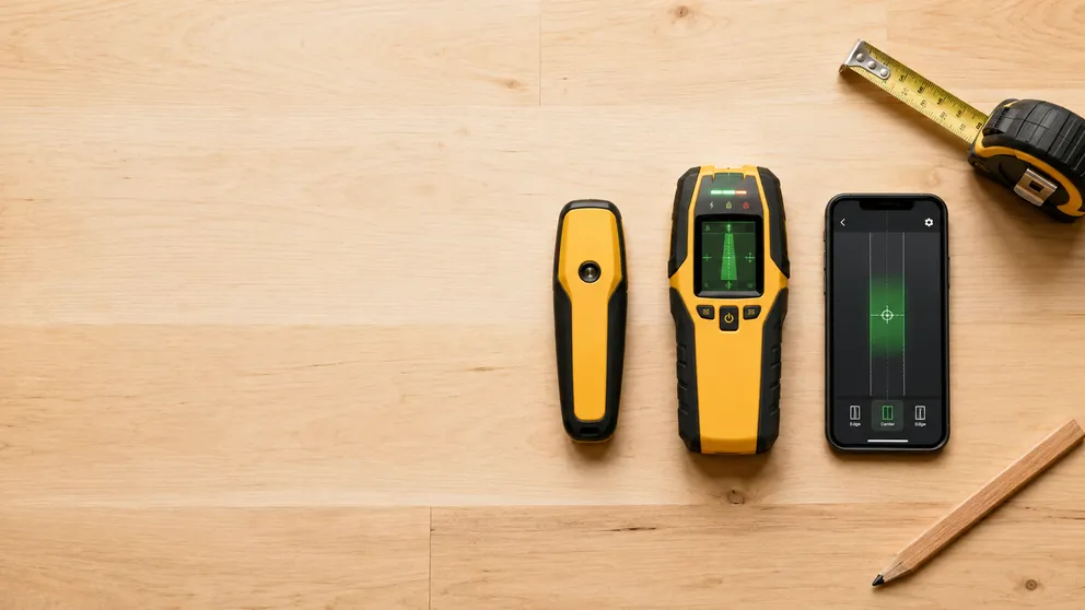 Several types of stud finder laid out on a workbench next to a smartphone running a stud finder app