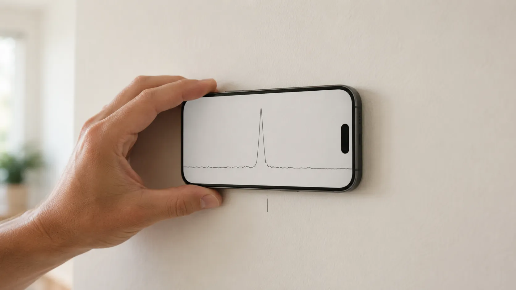 iPhone showing a clear magnetic spike reading next to a pencil mark on a drywall stud