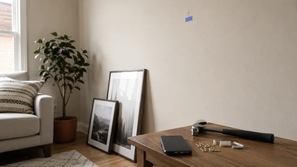 A gallery wall of framed pictures on drywall next to a small loaded shelf, with pencil marks showing where to hang pictures