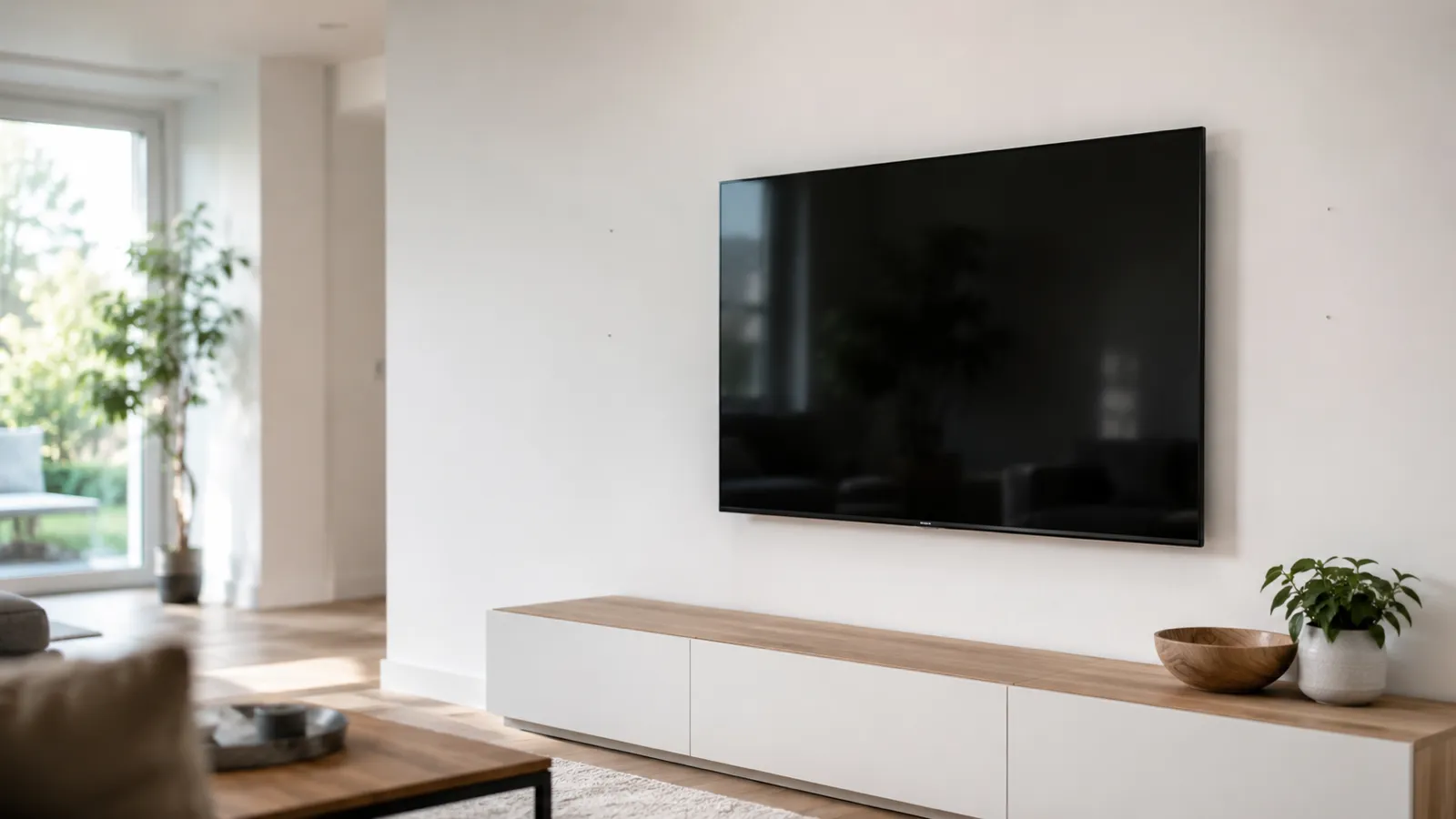 Flat-screen TV mounted to a wall above a console, with stud locations marked in pencil
