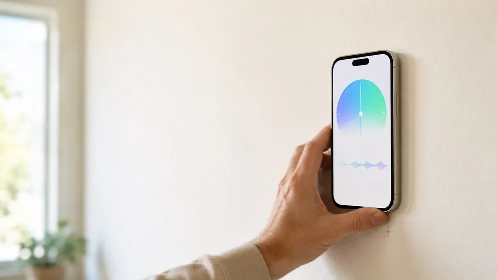 iPhone running a free stud finder app held flat against a drywall wall