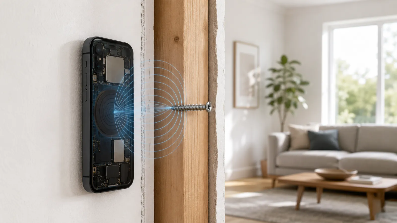 X-ray view of an iPhone held flat against a drywall wall, its magnetometer reading blue magnetic field lines bending around a steel screw driven into a hidden wooden stud