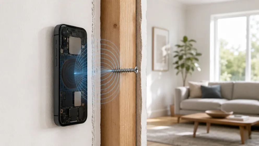 X-ray view of an iPhone held flat against a drywall wall, its magnetometer reading blue magnetic field lines bending around a steel screw driven into a hidden wooden stud
