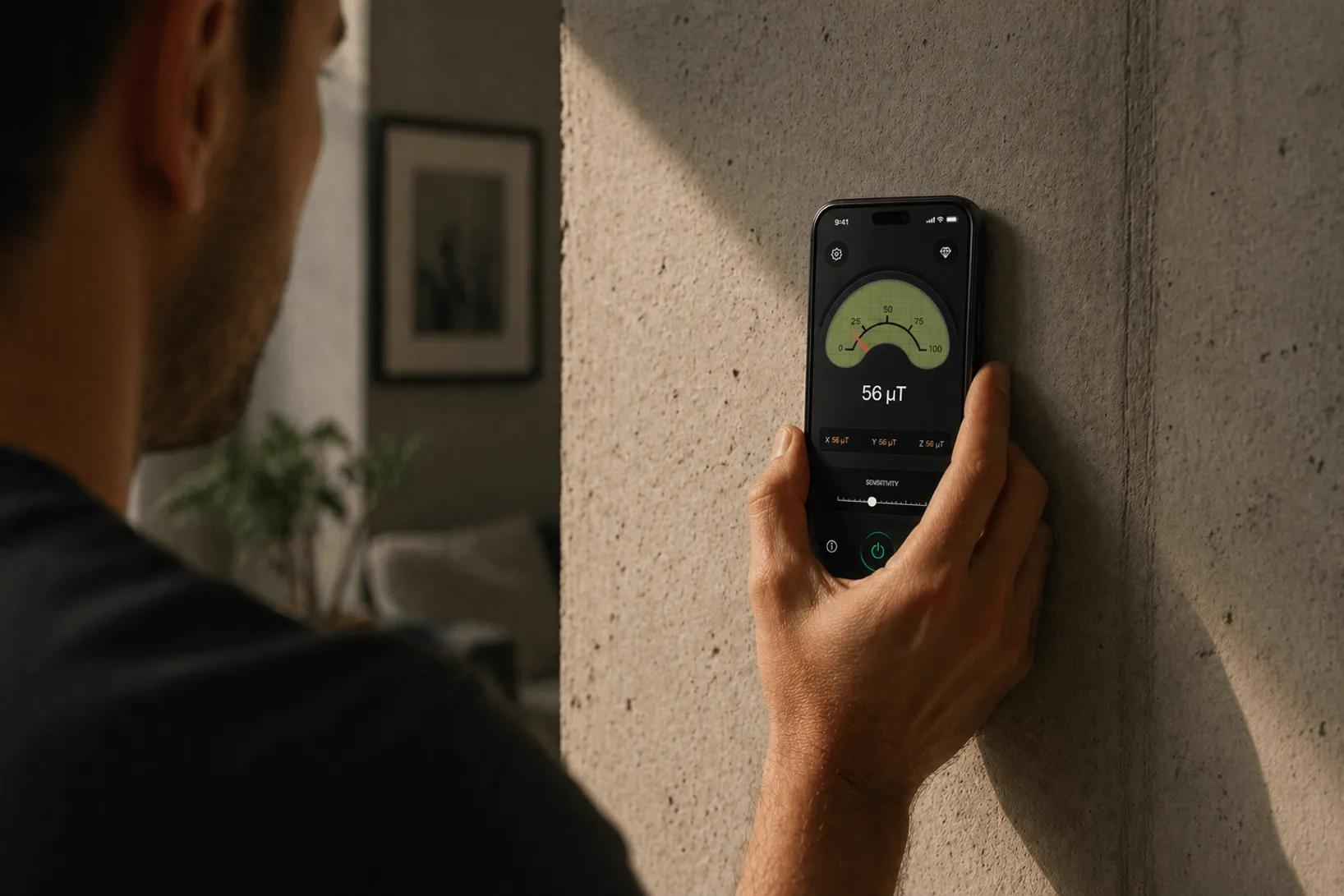 Hand sliding an iPhone across a drywall surface to scan for studs