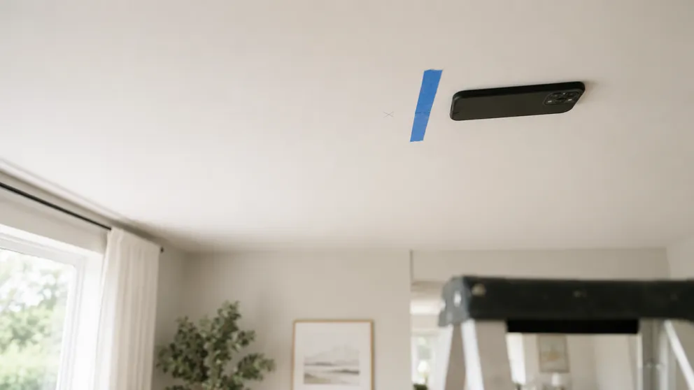Person scanning a ceiling with a smartphone to locate ceiling joists before mounting a fixture
