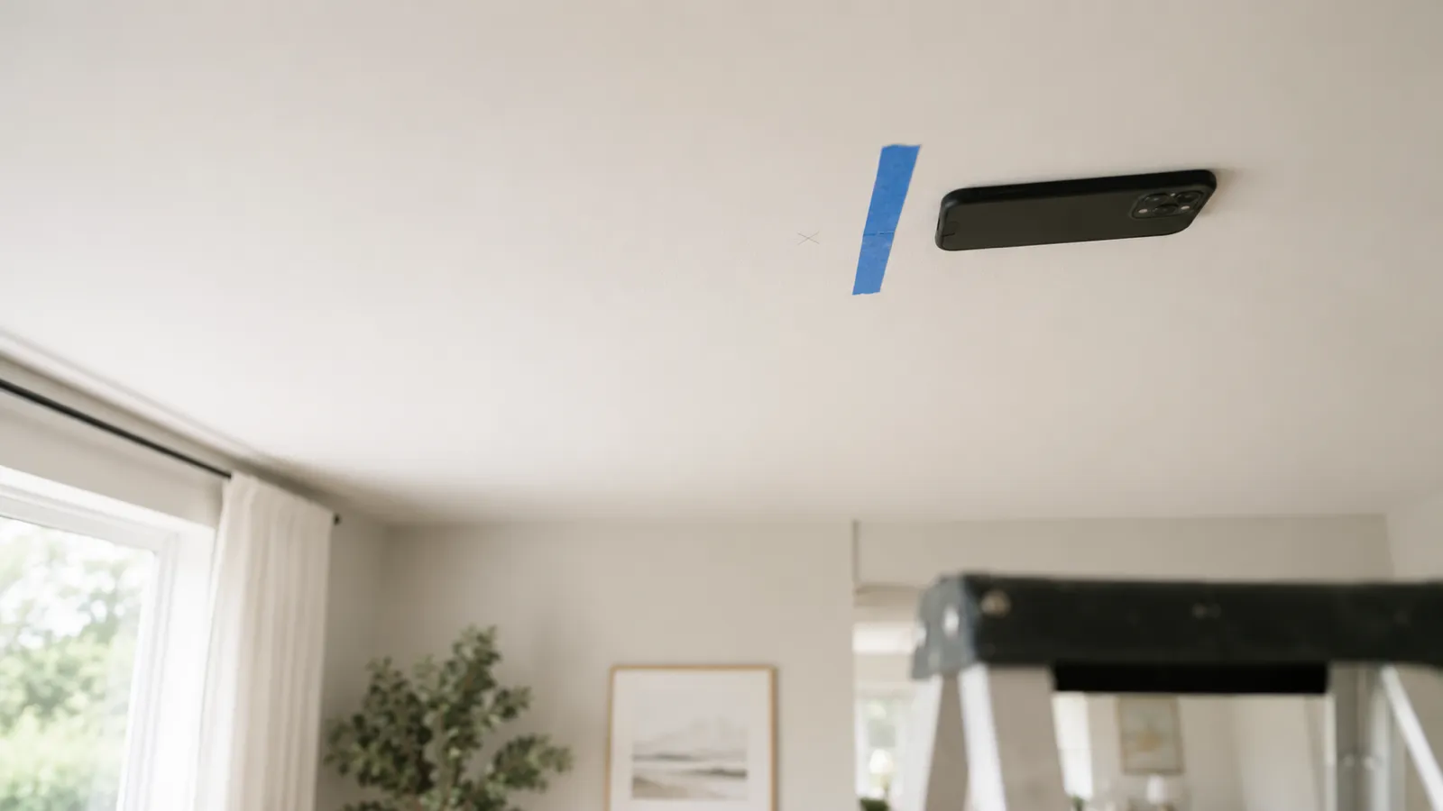 Person scanning a ceiling with a smartphone to locate ceiling joists before mounting a fixture