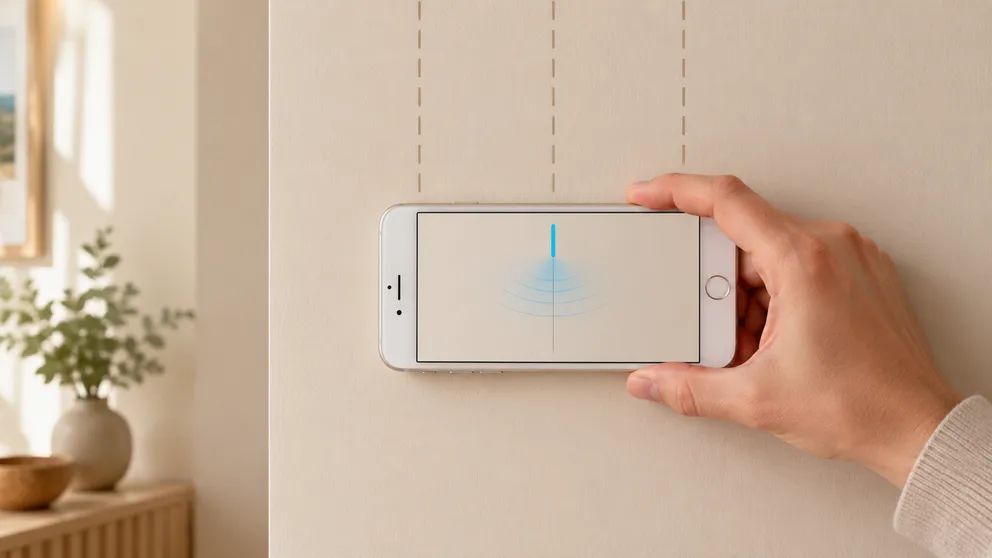 Hand holding an iPhone horizontally against a beige wall, the screen showing a clean magnetometer signal pointing up at a hidden stud marked by dashed lines