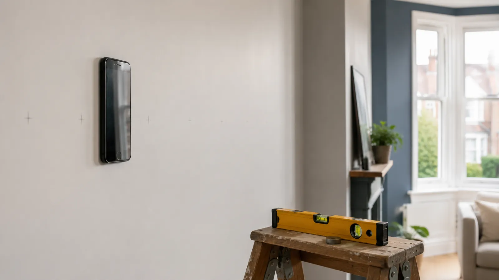Marking timber stud positions on a plasterboard wall with a smartphone stud finder app