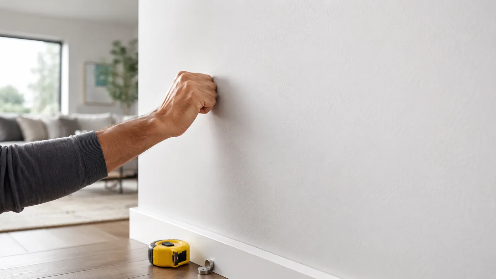 Hand knocking on a white drywall wall to find a stud without a stud finder, tape measure nearby