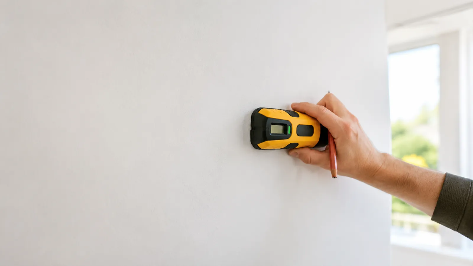Person using a stud finder on a white wall, sweeping it horizontally to locate a stud