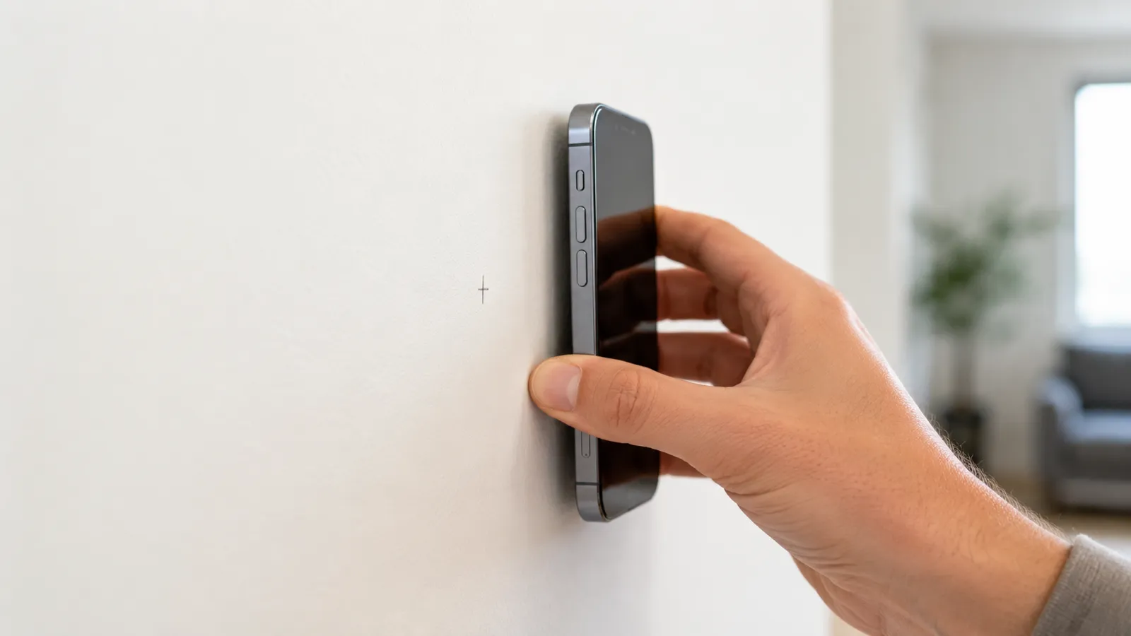 Hand holding an iPhone flat against a wall, sweeping horizontally to find a stud
