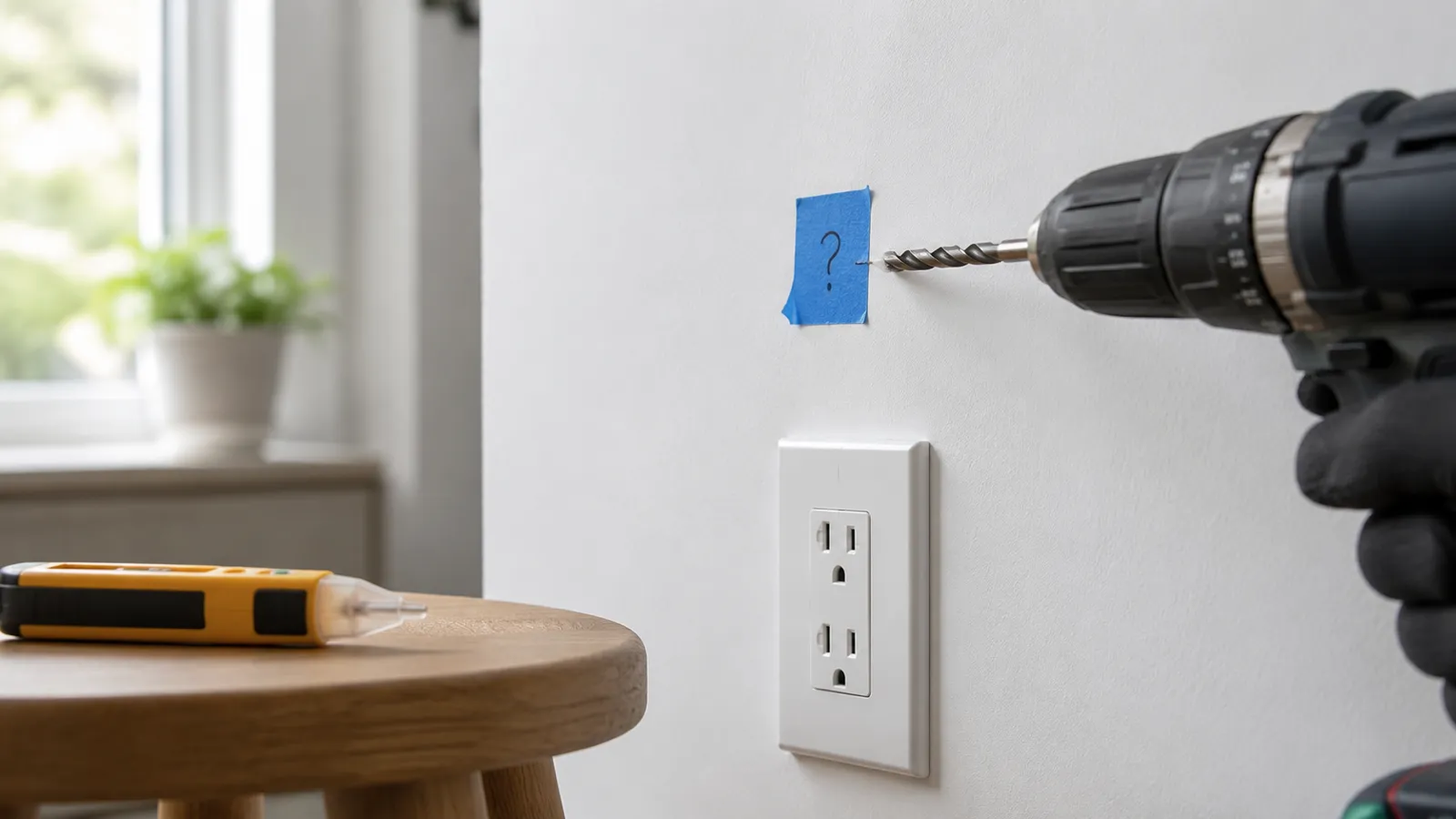 A cordless drill held up to drill into a wall beside an electrical outlet, with a stud location marked in pencil