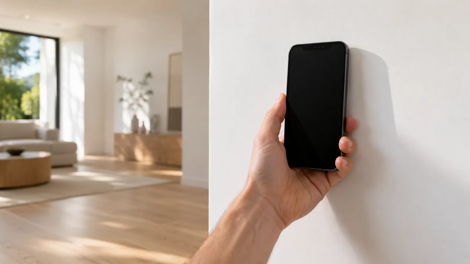 iPhone running a stud finder app held flat against a white drywall wall