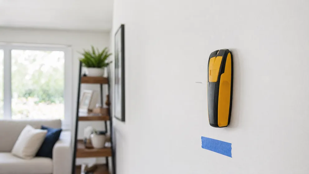 Magnetic stud finder stuck to a white drywall wall beside a pencil mark and painter's tape