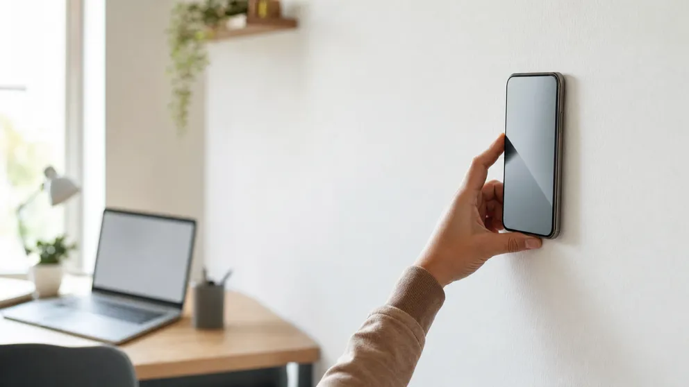 Hand holding a phone flat against a wall beside a desk with a laptop, searching for an online stud finder