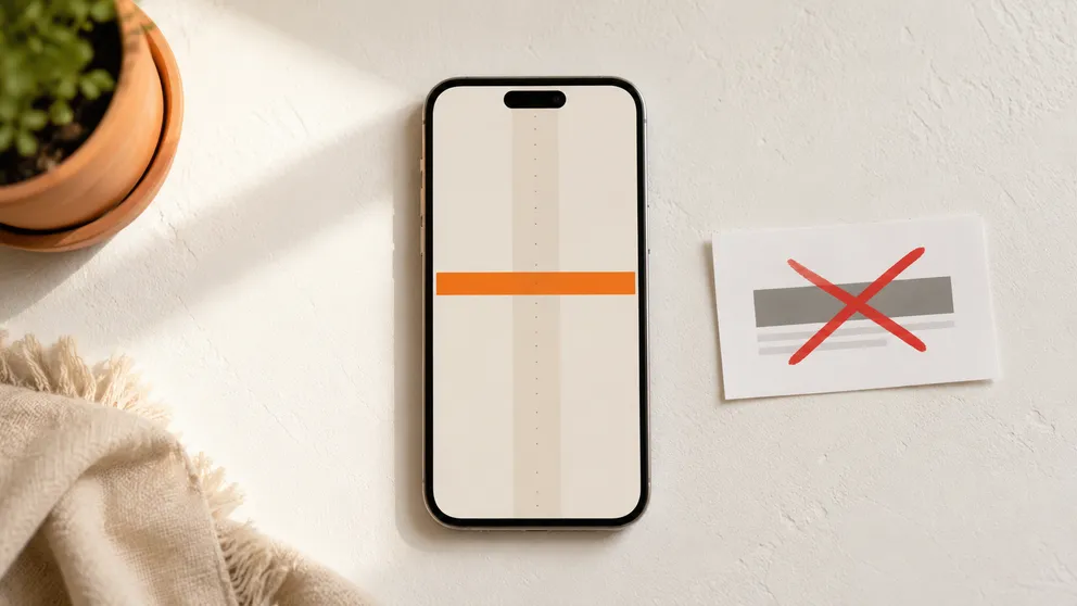 iPhone on a drywall surface showing a clean stud finder reading next to a card with a fake ad banner crossed out in red