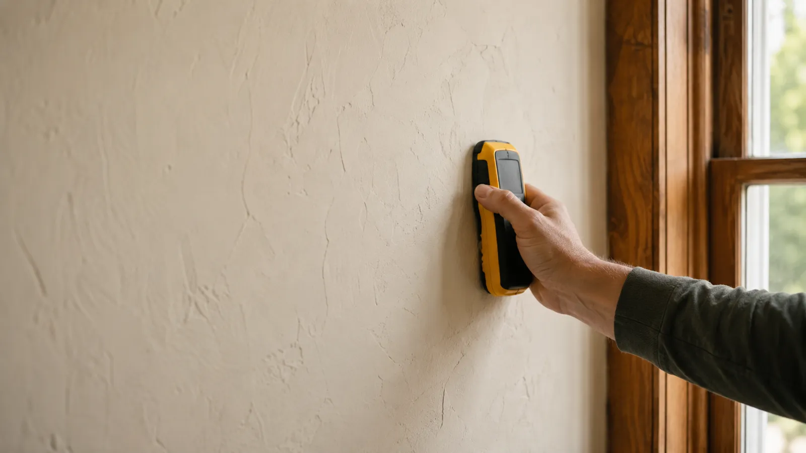 Older home interior with a plaster wall being scanned for studs near a window casing
