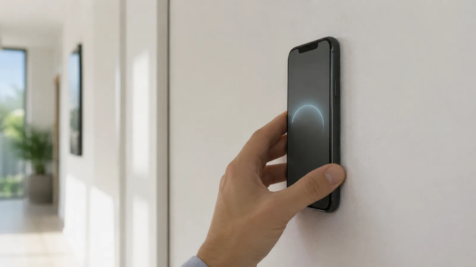 Stud finder phone app running on a smartphone held against a white interior wall