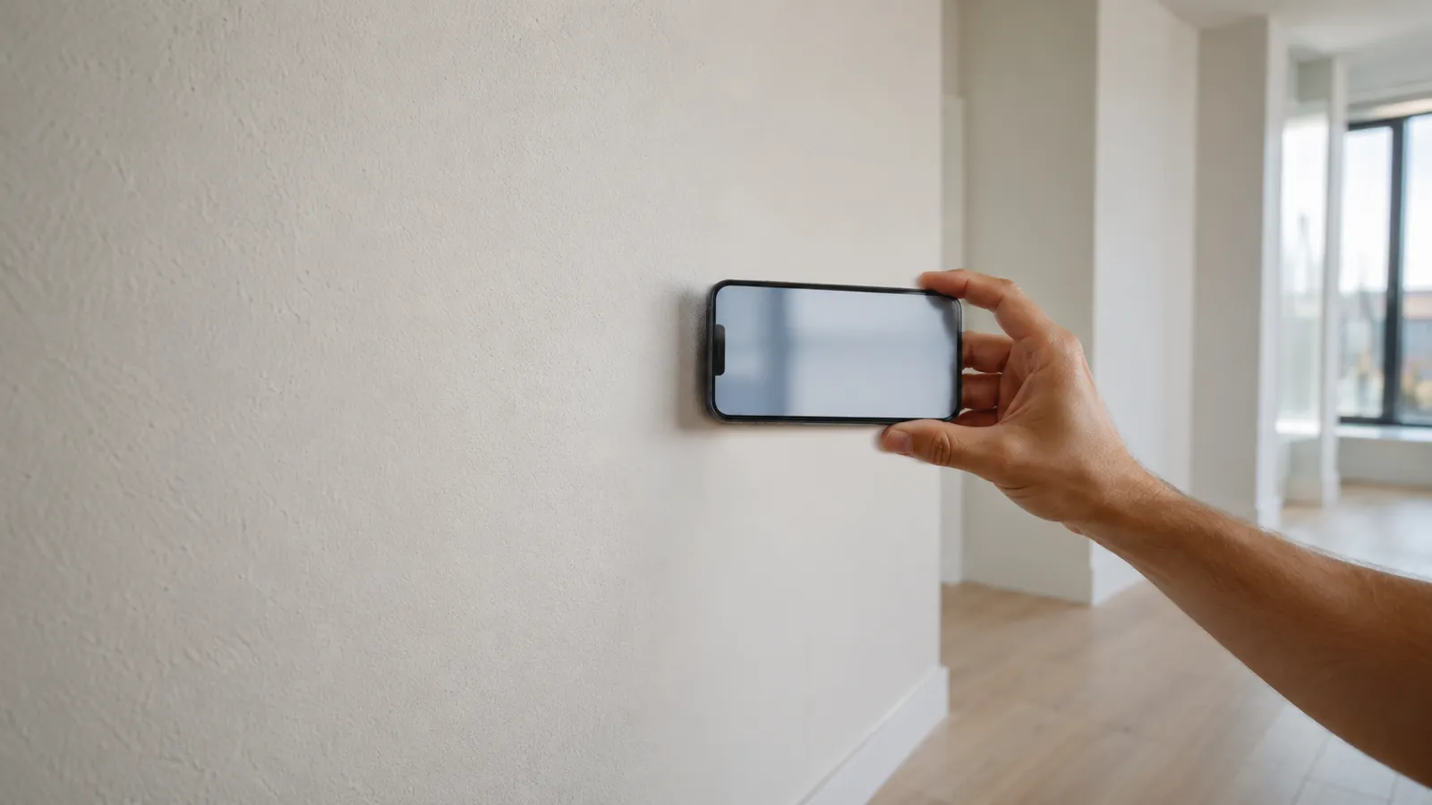 iPhone scanning a white interior wall to locate studs in drywall
