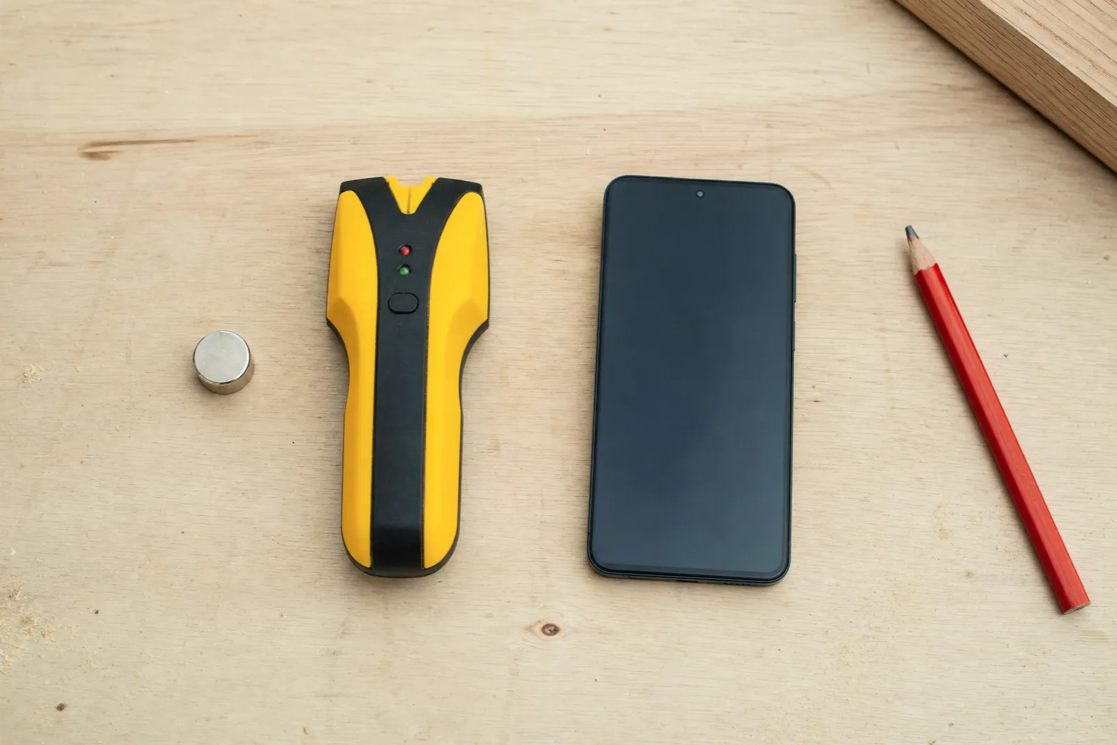 Three ways to find a stud on a workbench: a rare-earth magnet, an electronic stud finder, and a smartphone running a stud finder app
