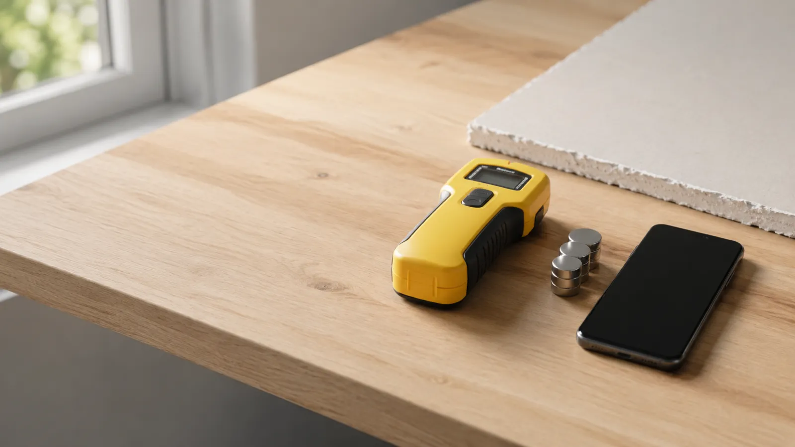A handheld stud finder and a smartphone stud finder app held against a drywall wall