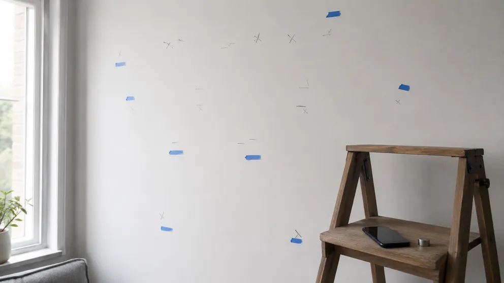 Homeowner scanning a blank wall with a stud finder and marking spots where they can't find a stud
