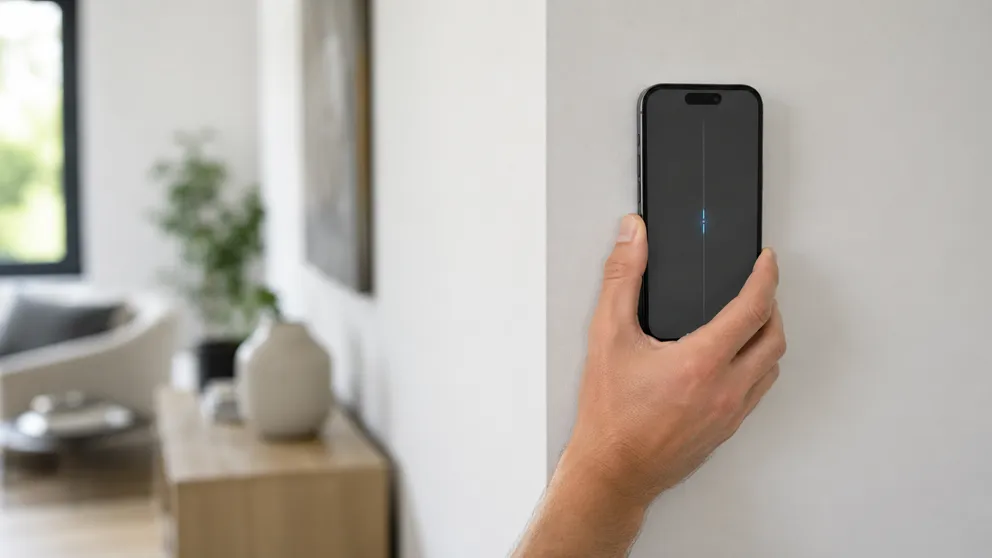 Hand holding an iPhone flat against a white wall, a wood stud finder app marking a stud behind the drywall