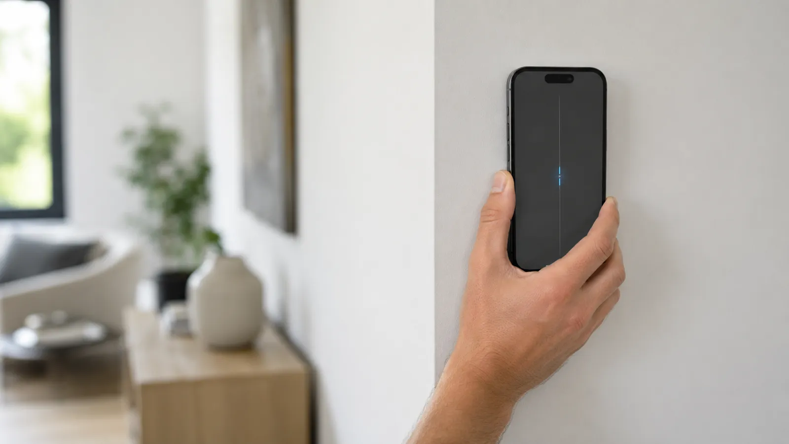 Hand holding an iPhone flat against a white wall, a wood stud finder app marking a stud behind the drywall